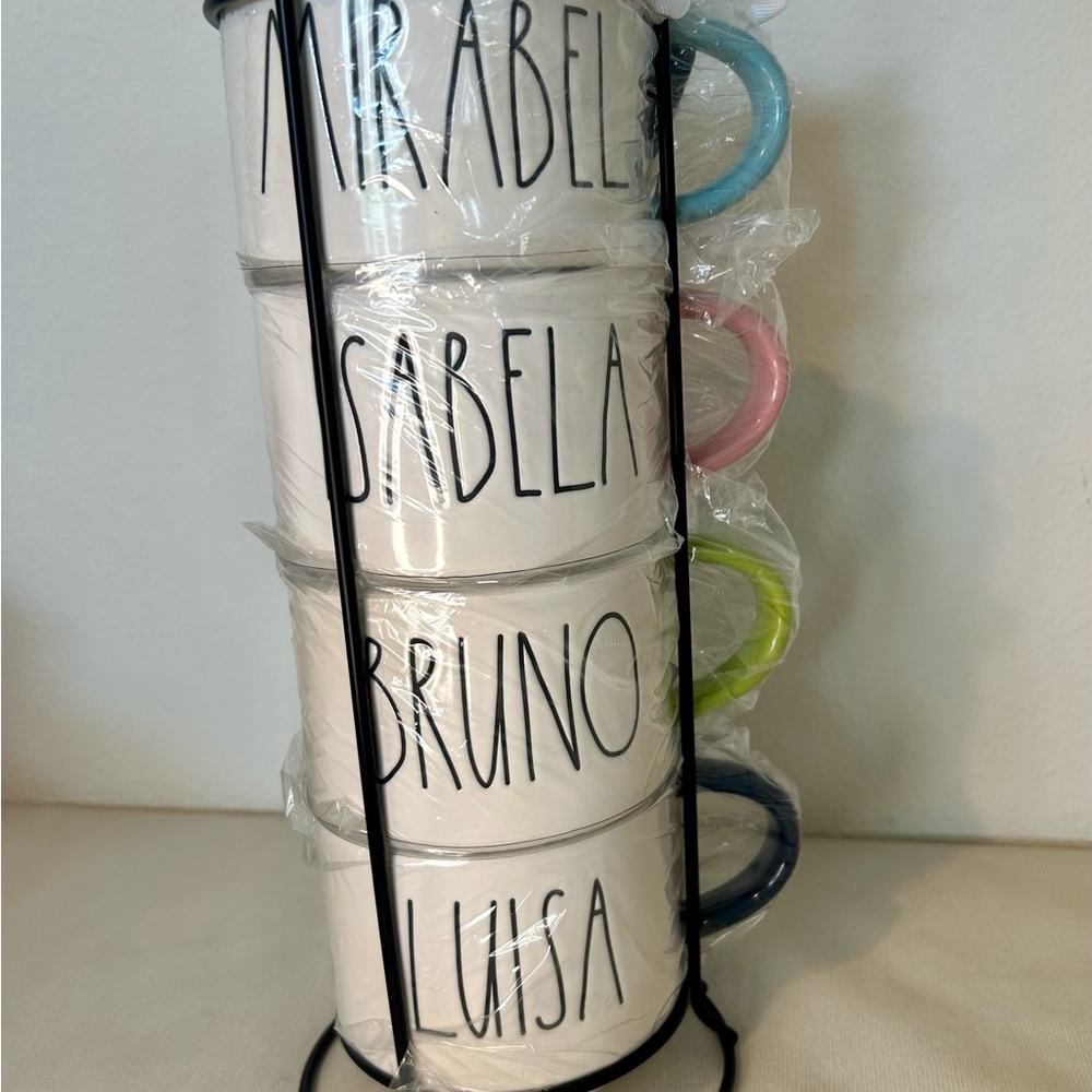 New Rae Dunn Disney Encanto Collection 4 Cup Set With Black Holder Double Sided